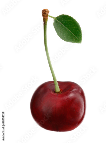 One cherry with a leaf isolated on white background