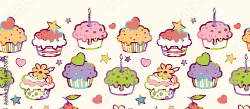 Vector colorful party muffins horizontal seamless pattern