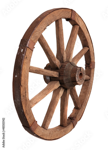 Old wooden wheel on the white background