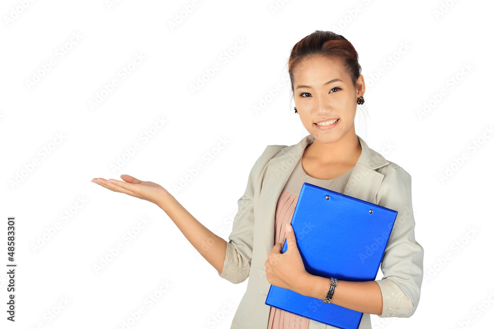 Young business Woman holds a blue folder. Young business Woman holds a blue folder.