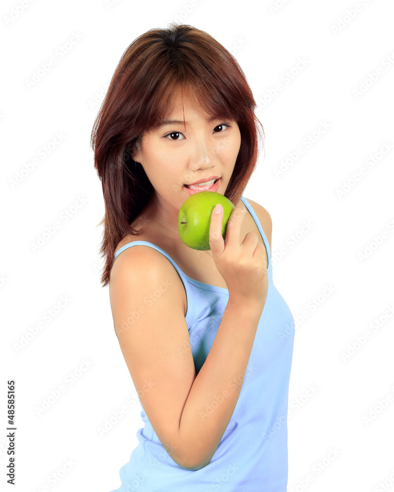 Isolated young asian woman with a green apple. Isolated young asian woman with a green apple.