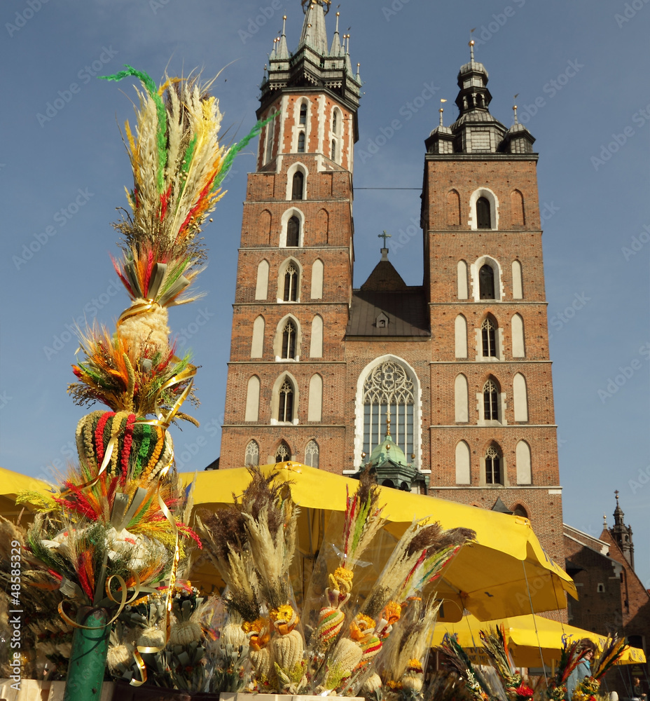 Obraz premium traditional easter palms and St. Mary's Basilica