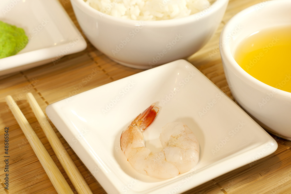 Sushi shrimp closeup on bamboo mat Sushi shrimp closeup on bamboo mat