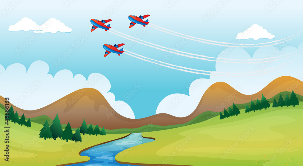 Obraz premium Flying airplains and a beautiful landscape