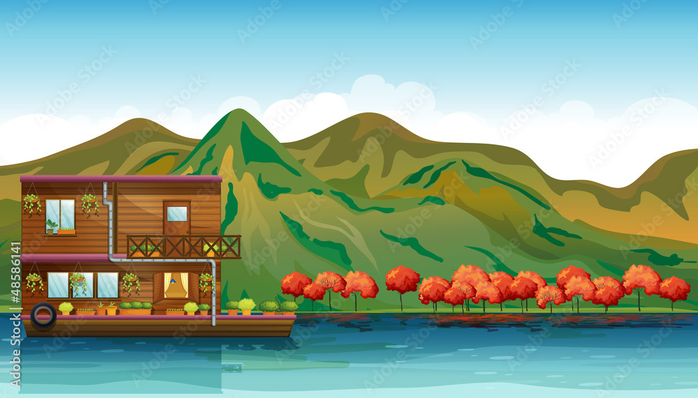 A river and a boat house A river and a boat house