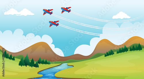 Flying airplains and a beautiful landscape