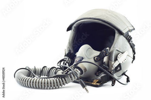 Flight helmet with oxygen mask.