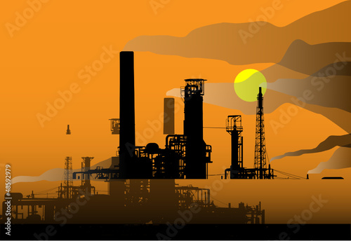 Oil refinery factory and sunset, vector illustration