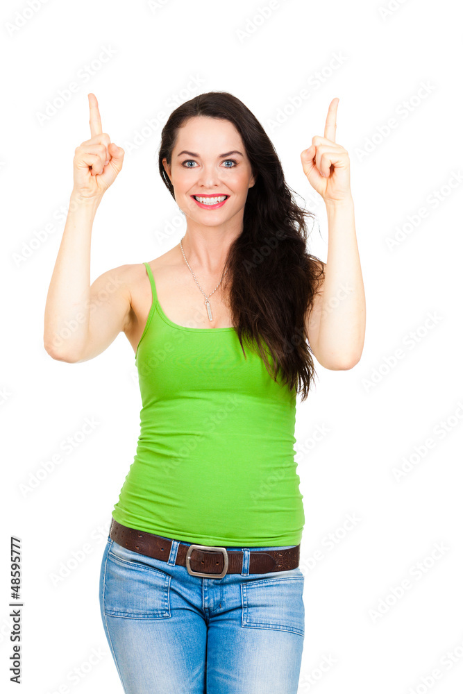 Happy lady pointing up