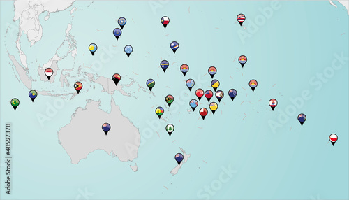 Pinned countries flags on map of Oceania