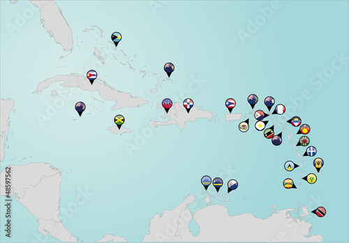 Pinned countries flags on map of Caribbean
