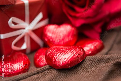 chocolate, gift box and flowers