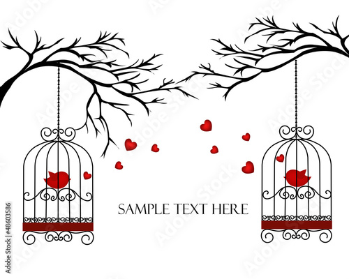 Two lovers birds in cages on the branches