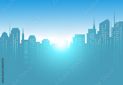 city background with sunrise and blue sky