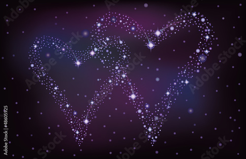Night sky with two stars hearts, vector illustration