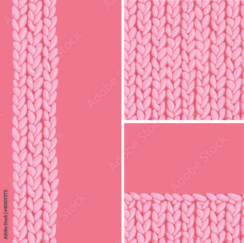 Vector pink set of three knit textile seamless patterns and
