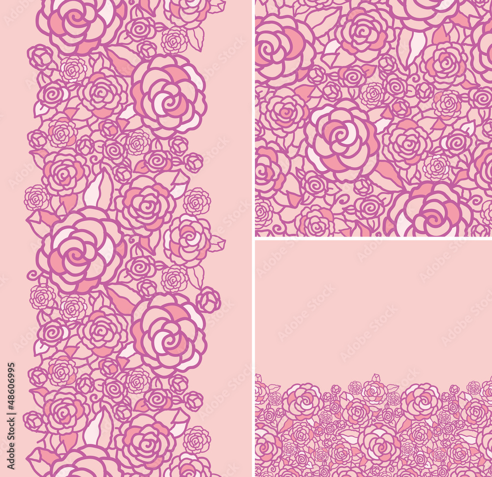 Set of abstract roses seamless pattern and borders backgrounds