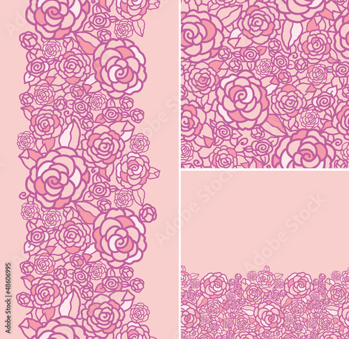 Set of abstract roses seamless pattern and borders backgrounds