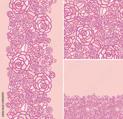 Set of abstract roses seamless pattern and borders backgrounds