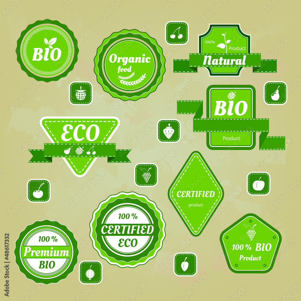 Collection of bio and eco organic labels natural products