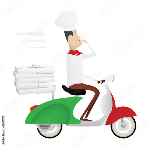 Funny chef delivering pizza on moped painted as italian flag