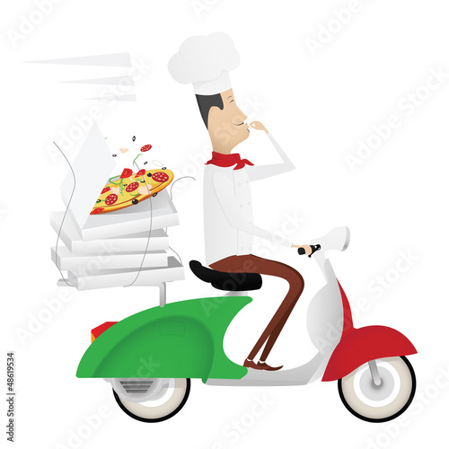 Funny chef delivering pizza on a moped painted as italian flag