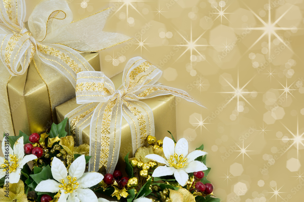 Gold wrapped presents with diffused gold sparkle background. Gold wrapped presents with diffused gold sparkle background.