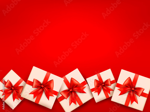 Red holiday background with gift boxes and red bow. Vector illus