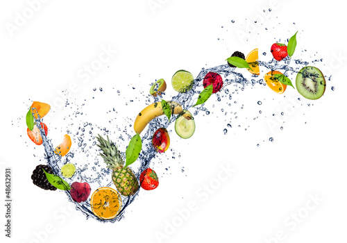  Mix of fruit in water splash, isolated on white background