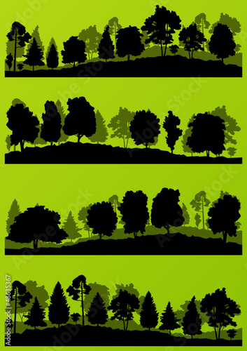 Forest trees silhouettes landscape illustration set