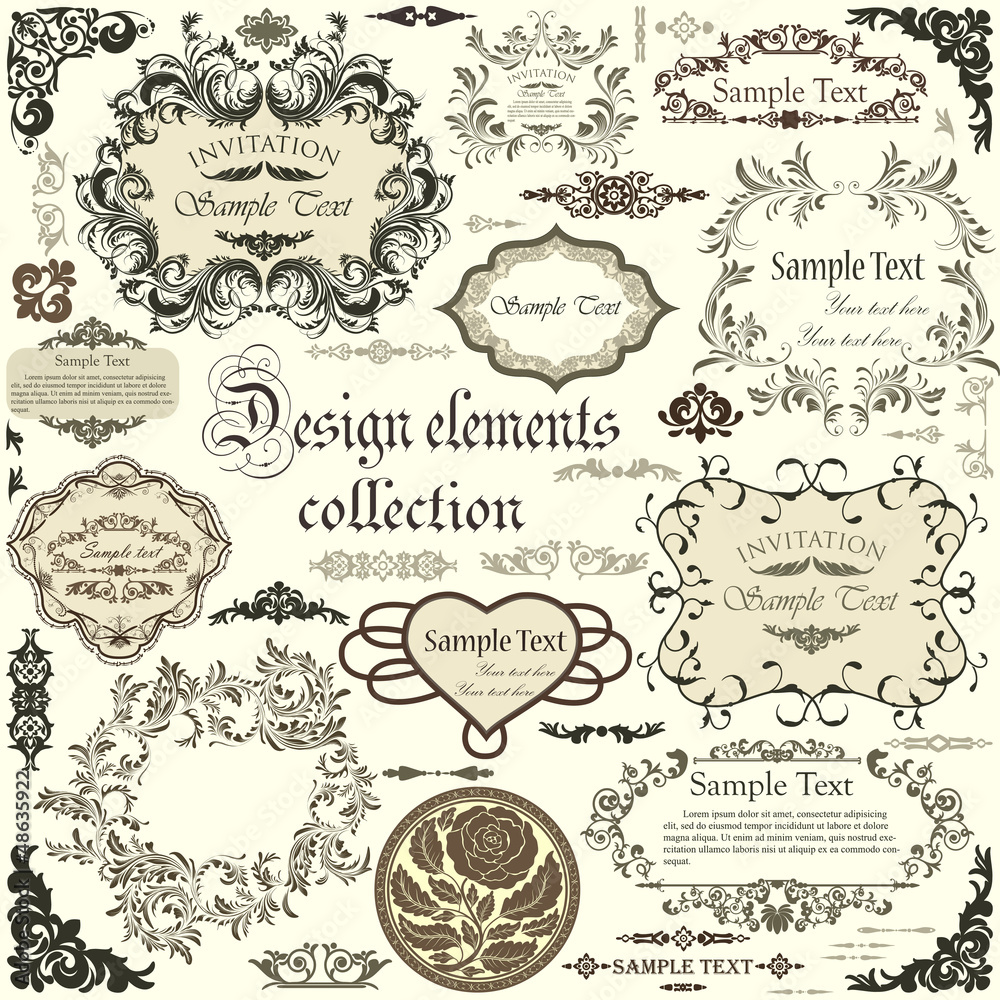 Vector set of calligraphic design elements and floral frames