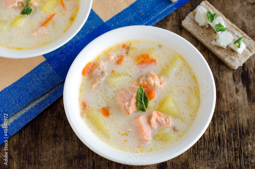 Soup with cheese and salmon