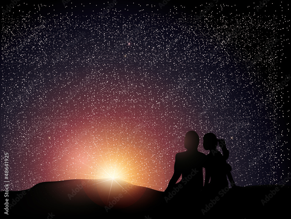 Couple watching the sunrise / Romantic background in nature