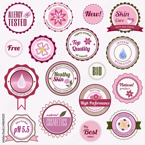 Set of cosmetic badges, labels and stickers