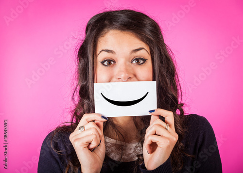 Happy Young Woman with Smiley Emoticon