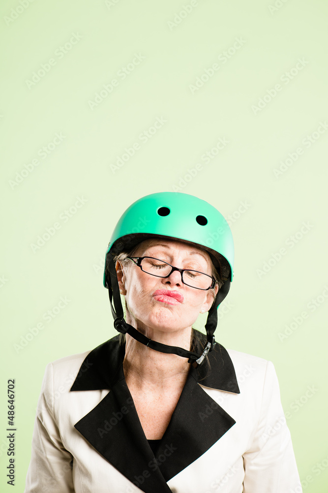 funny woman wearing cycling helmet portrait pink background real funny woman wearing cycling helmet portrait pink background real