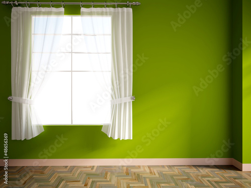 green empty room with window and curtains