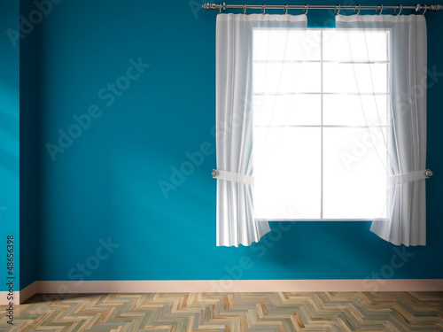 blue empty room with window and curtains
