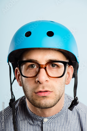 funny man wearing cycling helmet portrait real people high defin © AILA_IMAGES