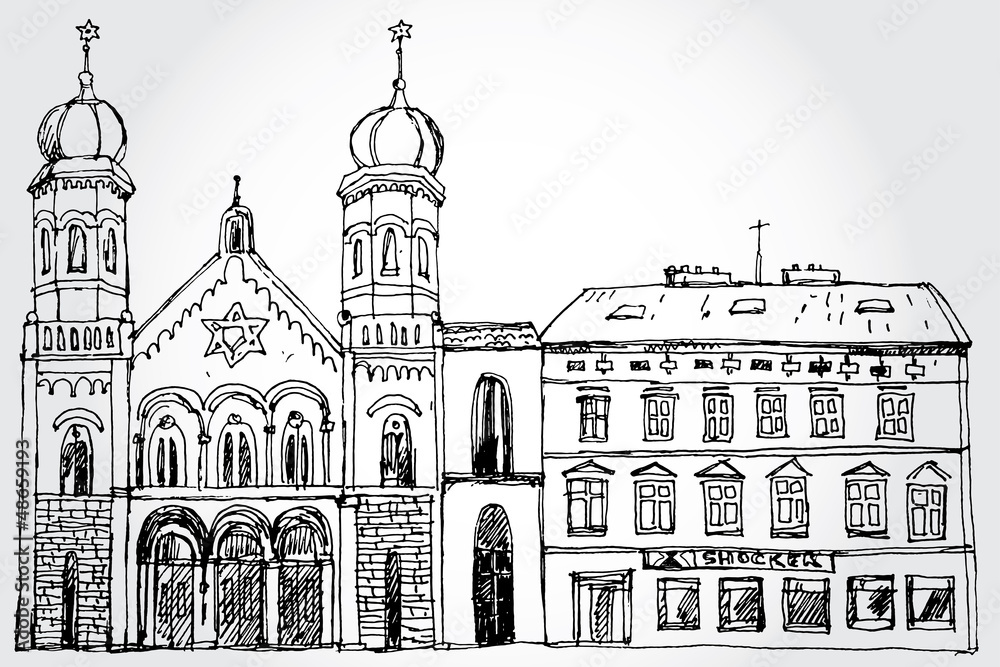 Illustration of Cozy Street with Synagogue