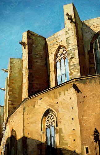 Church Santa Maria del Mar in Barcelona, painting,  illustration #48663106