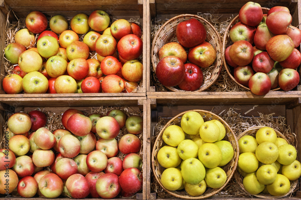 Closeup of various juicy apple fruits in market Closeup of various juicy apple fruits in market