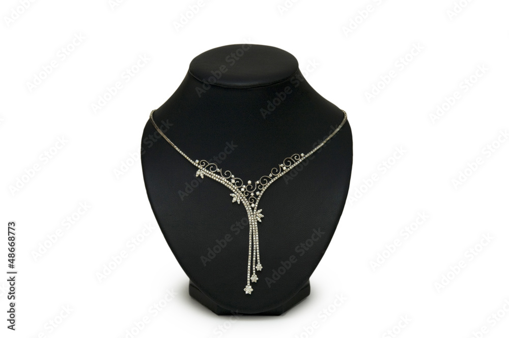 beautiful silver necklace on mannequin isolated on white beautiful silver necklace on mannequin isolated on white