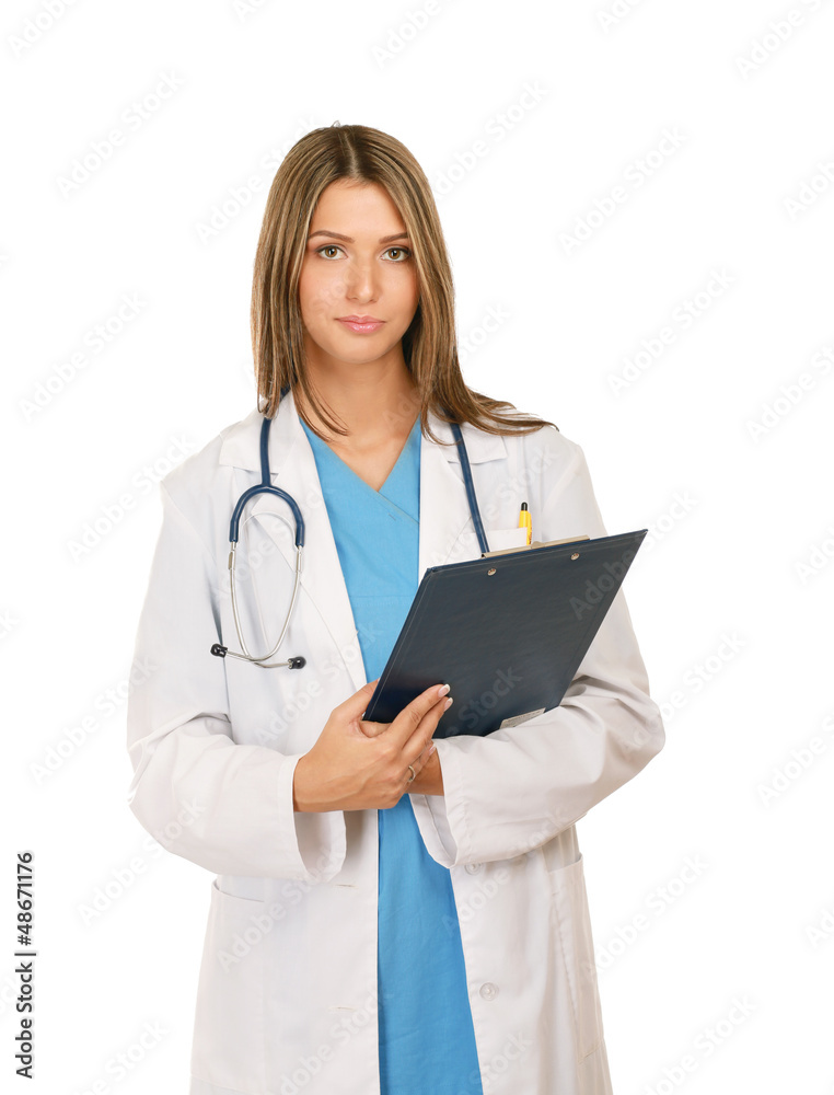 A female doctor with a folder , isolated on white background A female doctor with a folder , isolated on white background