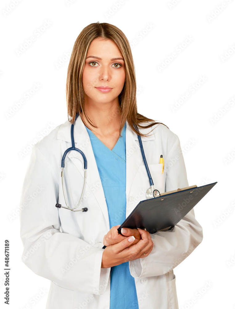 A female doctor with a folder , isolated on white background A female doctor with a folder , isolated on white background