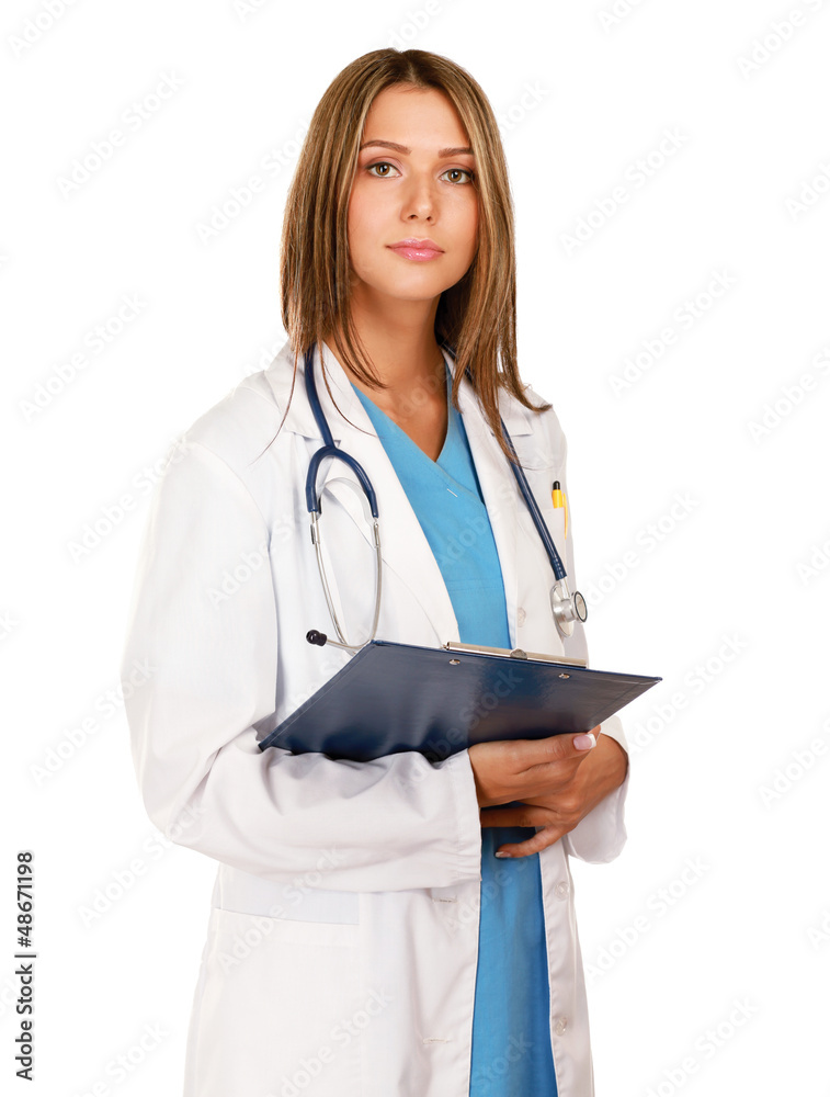 A female doctor with a folder , isolated on white background A female doctor with a folder , isolated on white background
