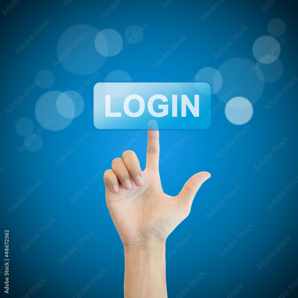Login. hand man pressing login button. Login. hand man pressing login button.