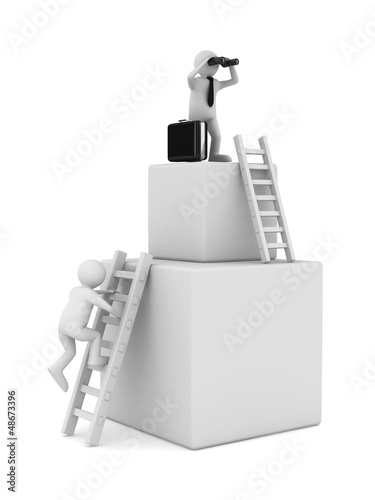 man on box and staircase. Isolated 3D image