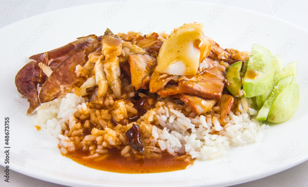 Khao Moo Daeng (rice with roasted red pork) Khao Moo Daeng (rice with roasted red pork)