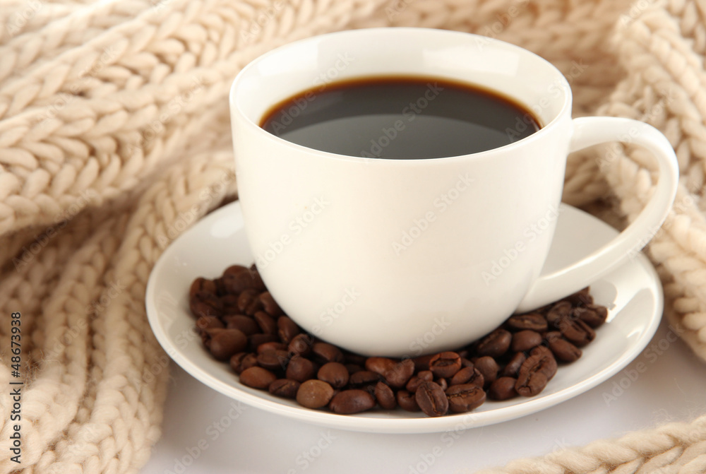 cup of coffee with scarf close-up cup of coffee with scarf close-up
